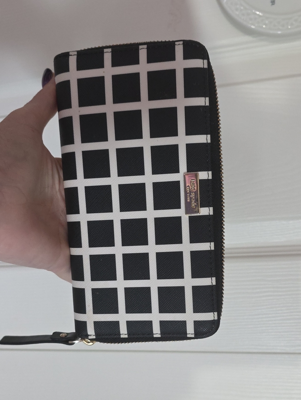 kate spade Black & White Grid Zip-Around Wallet